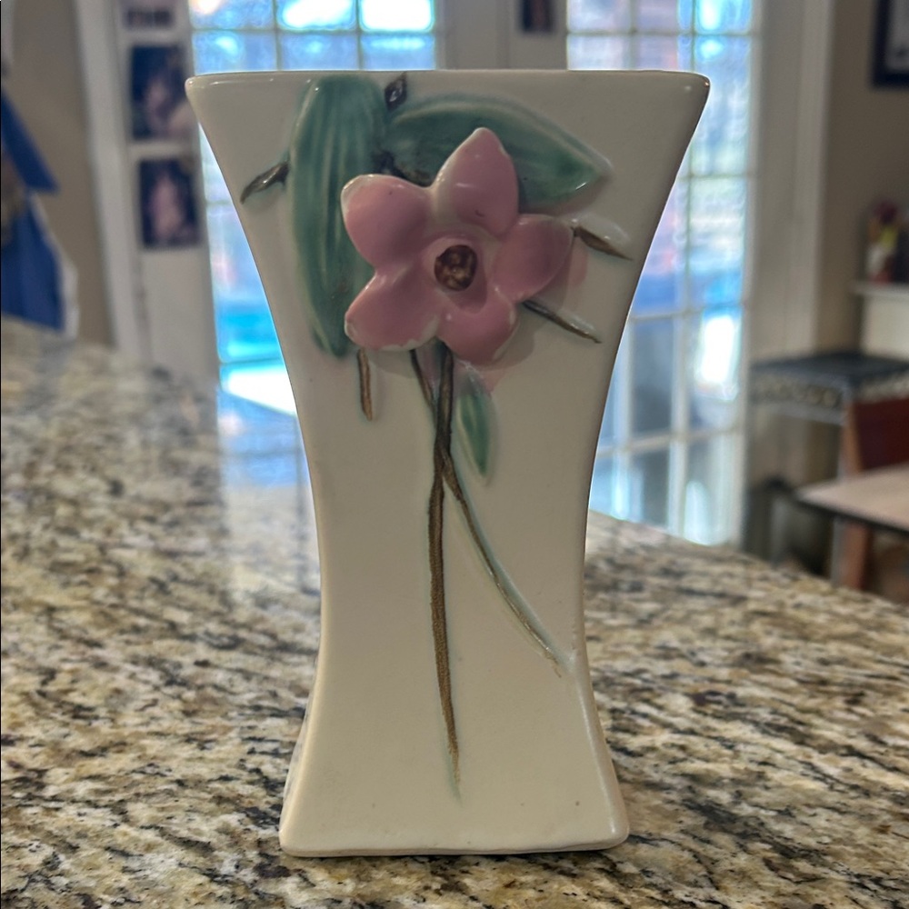 Vintage 1940’s McCoy Blossom Time Cream Vase with Pink Floral Design